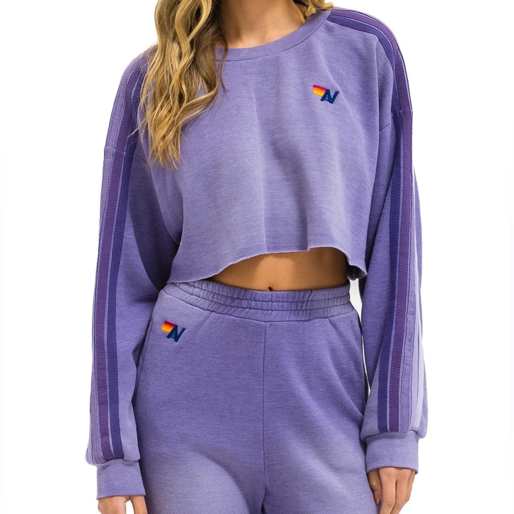 NWT! Aviator Nation CLASSIC STRIPE CROPPED CREW SWEATSHIRT RELAXED - FADED GRAPE